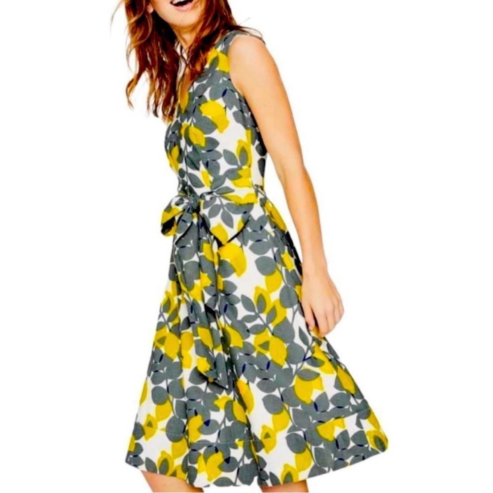 Boden Jade Fit & Flare Midi Dress 6 Lemon Print Cotton Linen Blend